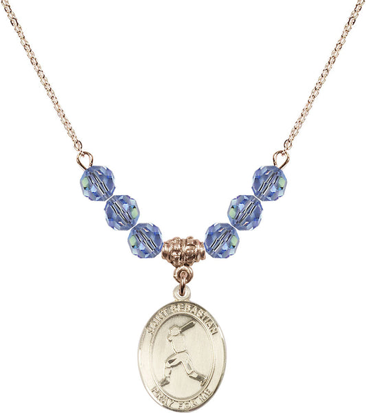 14kt Gold Filled Saint Sebastian/Baseball Birthstone Necklace with Light Sapphire Beads - 8160