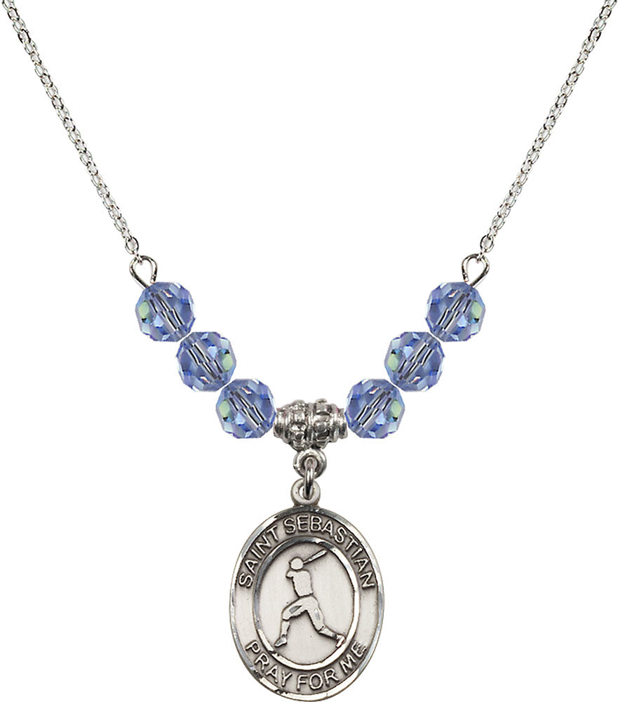 Sterling Silver Saint Sebastian/Baseball Birthstone Necklace with Light Sapphire Beads - 8160