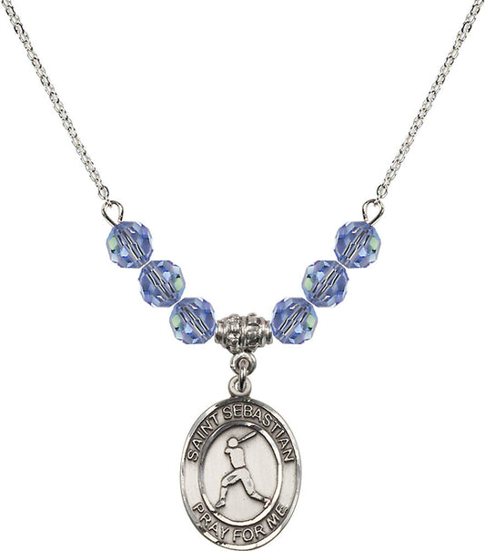 Sterling Silver Saint Sebastian/Baseball Birthstone Necklace with Light Sapphire Beads - 8160