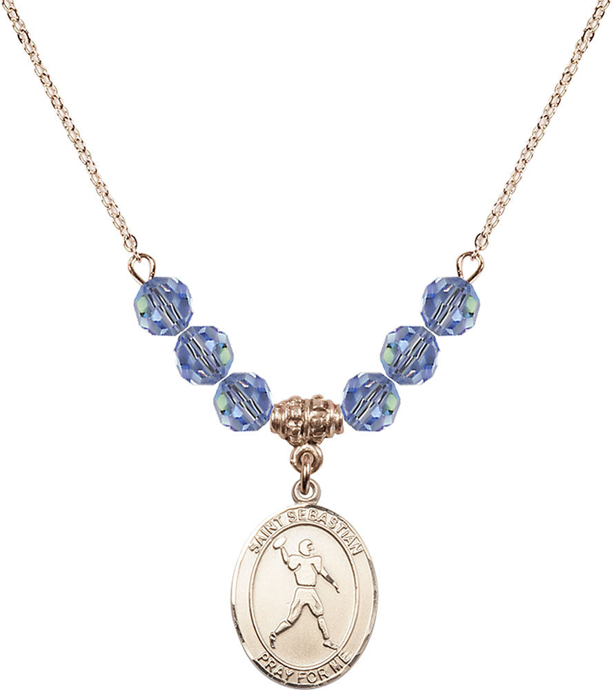 14kt Gold Filled Saint Sebastian/Football Birthstone Necklace with Light Sapphire Beads - 8161
