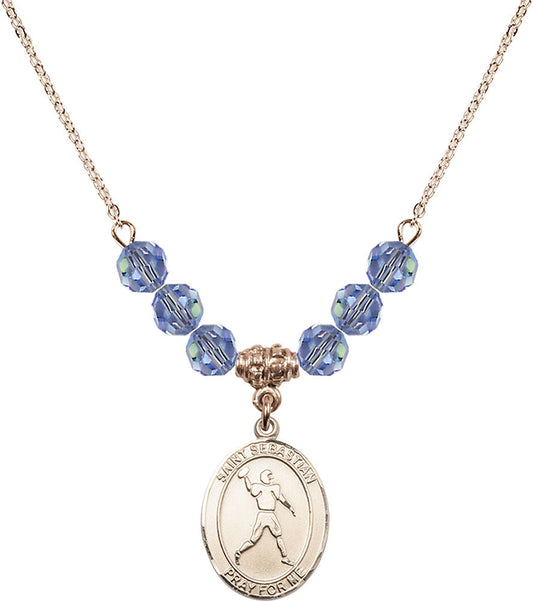 14kt Gold Filled Saint Sebastian/Football Birthstone Necklace with Light Sapphire Beads - 8161