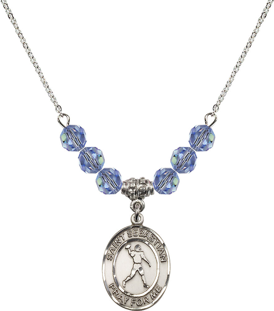 Sterling Silver Saint Sebastian/Football Birthstone Necklace with Light Sapphire Beads - 8161