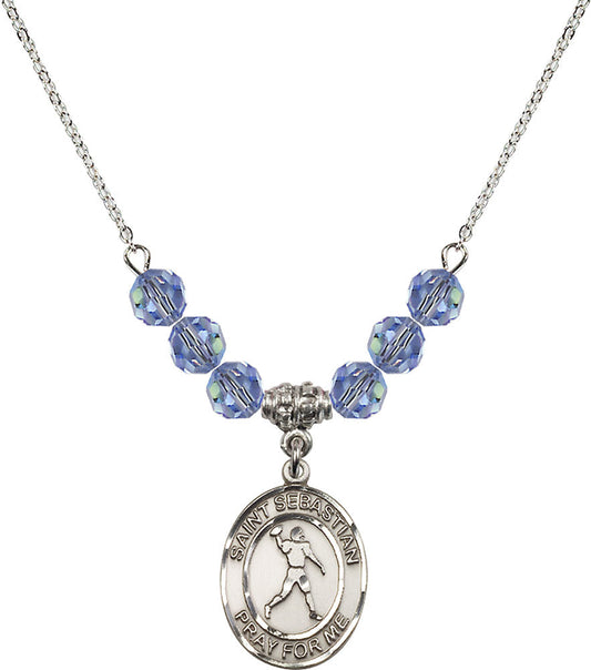 Sterling Silver Saint Sebastian/Football Birthstone Necklace with Light Sapphire Beads - 8161