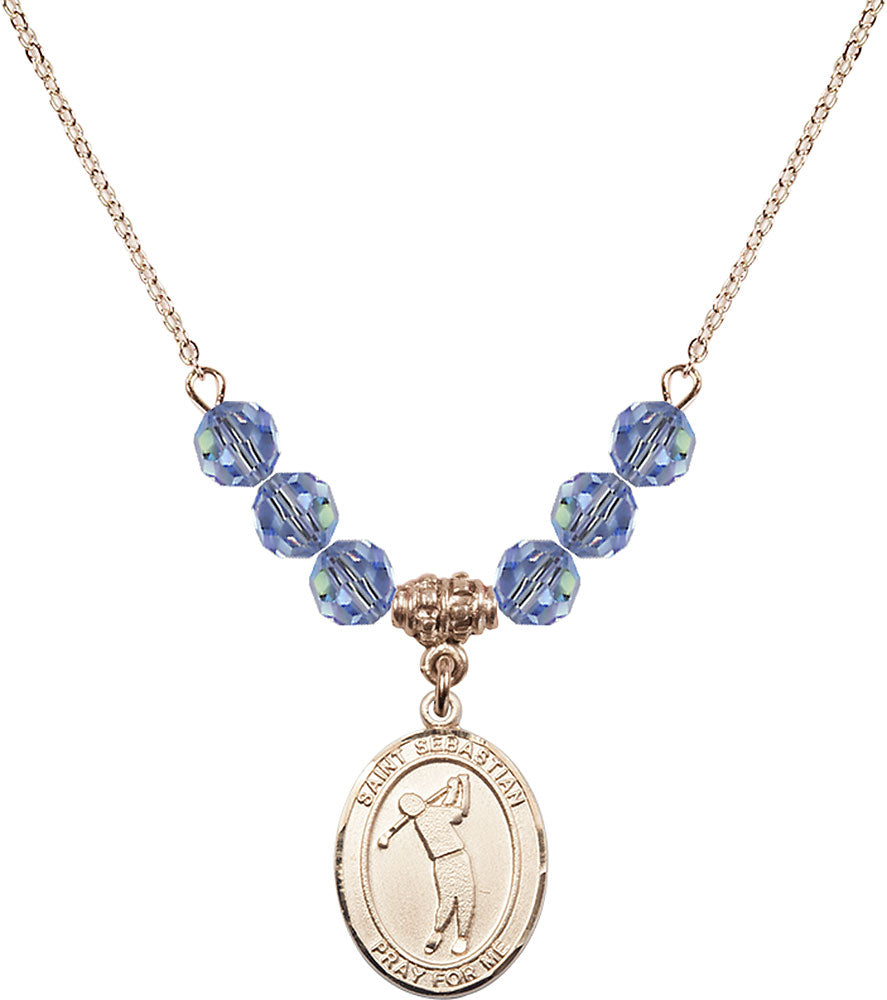 14kt Gold Filled Saint Sebastian/Golf Birthstone Necklace with Light Sapphire Beads - 8162