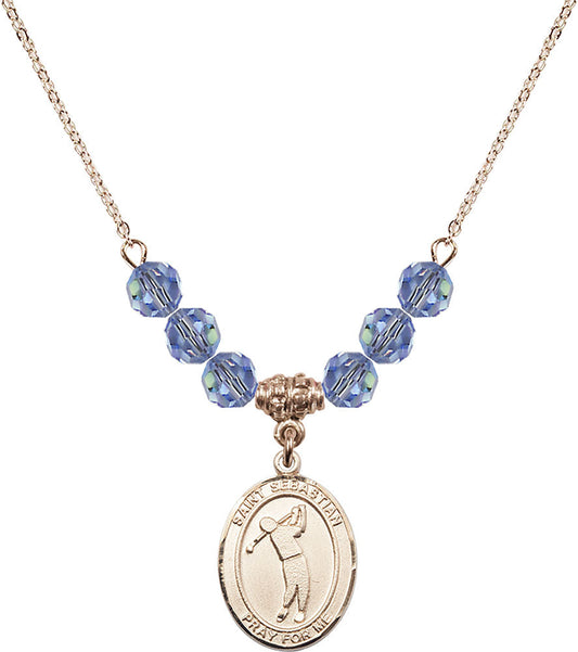 14kt Gold Filled Saint Sebastian/Golf Birthstone Necklace with Light Sapphire Beads - 8162