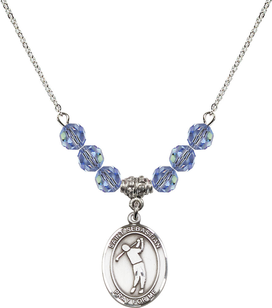 Sterling Silver Saint Sebastian/Golf Birthstone Necklace with Light Sapphire Beads - 8162