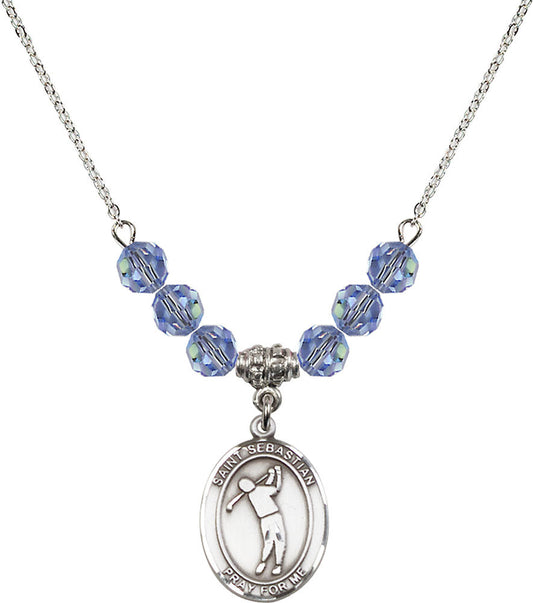 Sterling Silver Saint Sebastian/Golf Birthstone Necklace with Light Sapphire Beads - 8162