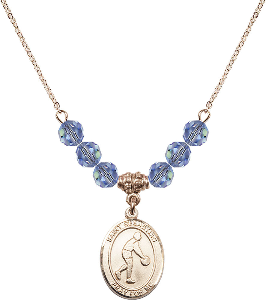14kt Gold Filled Saint Sebastian/Basketball Birthstone Necklace with Light Sapphire Beads - 8163