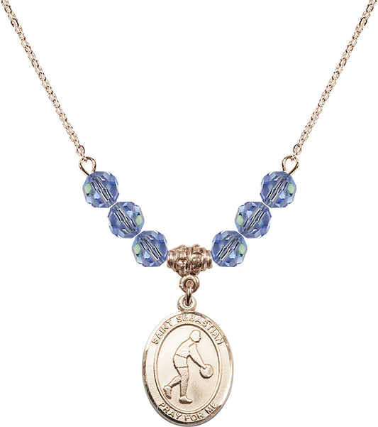 14kt Gold Filled Saint Sebastian/Basketball Birthstone Necklace with Light Sapphire Beads - 8163