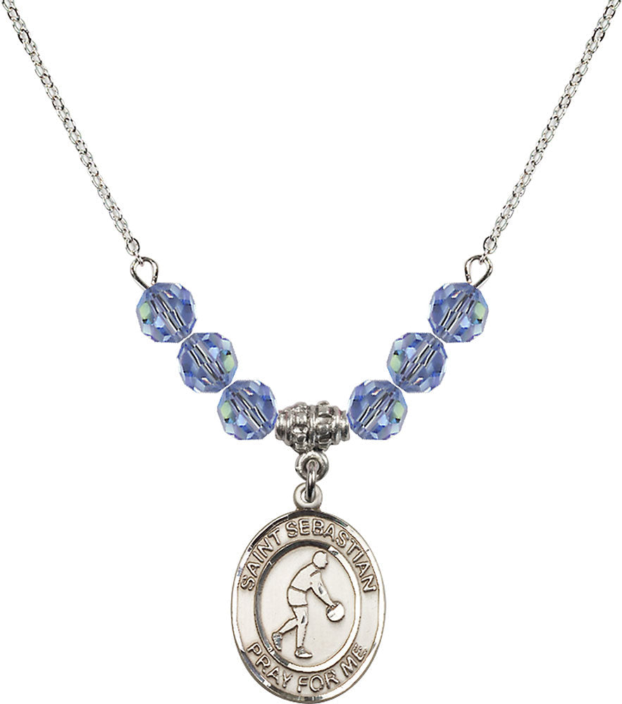 Sterling Silver Saint Sebastian/Basketball Birthstone Necklace with Light Sapphire Beads - 8163