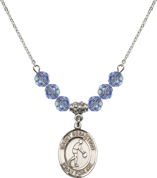 Sterling Silver Saint Sebastian/Basketball Birthstone Necklace with Light Sapphire Beads - 8163