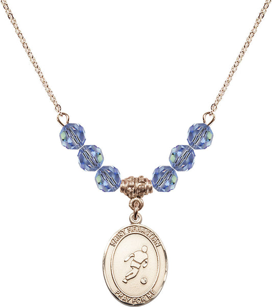 14kt Gold Filled Saint Sebastian/Soccer Birthstone Necklace with Light Sapphire Beads - 8164