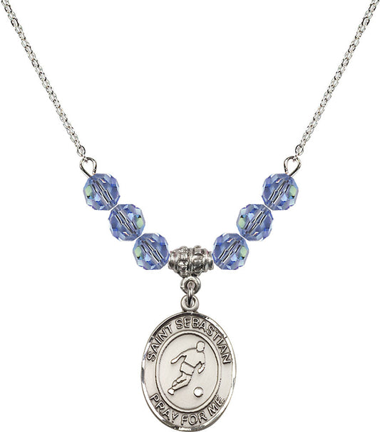 Sterling Silver Saint Sebastian/Soccer Birthstone Necklace with Light Sapphire Beads - 8164