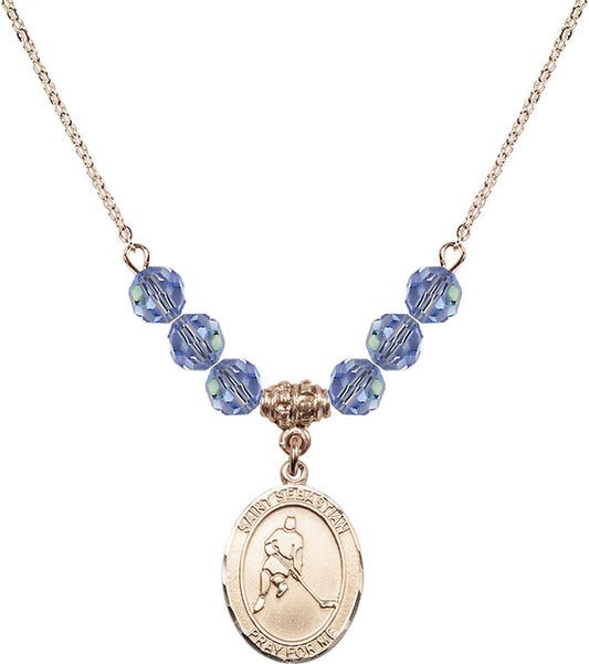 14kt Gold Filled Saint Sebastian/Ice Hockey Birthstone Necklace with Light Sapphire Beads - 8165