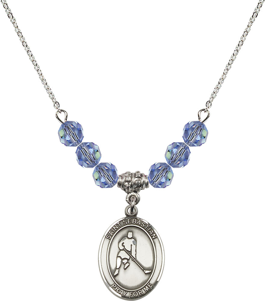 Sterling Silver Saint Sebastian/Ice Hockey Birthstone Necklace with Light Sapphire Beads - 8165