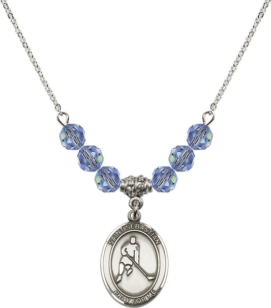 Sterling Silver Saint Sebastian/Ice Hockey Birthstone Necklace with Light Sapphire Beads - 8165