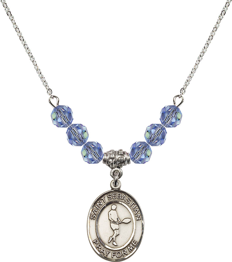 Sterling Silver Saint Sebastian/Tennis Birthstone Necklace with Light Sapphire Beads - 8166
