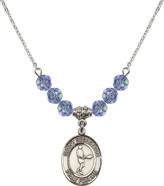 Sterling Silver Saint Sebastian/Tennis Birthstone Necklace with Light Sapphire Beads - 8166