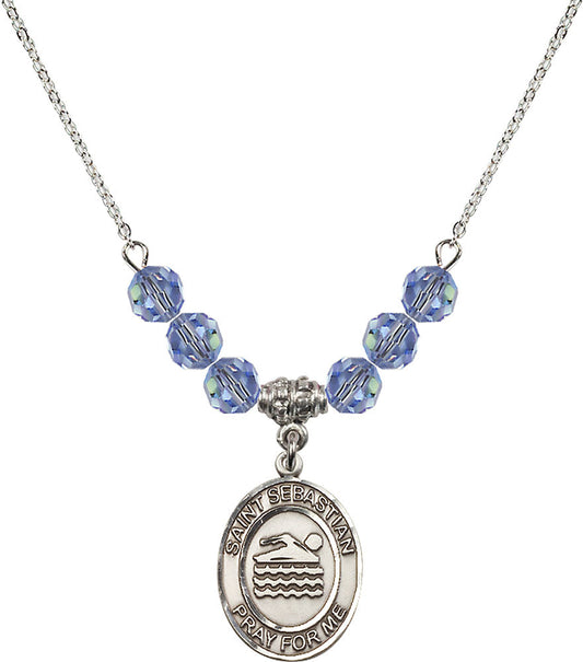 Sterling Silver Saint Sebastian/Swimming Birthstone Necklace with Light Sapphire Beads - 8167