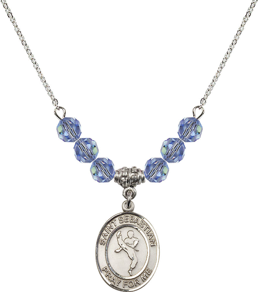 Sterling Silver Saint Sebastian/Martial Arts Birthstone Necklace with Light Sapphire Beads - 8168