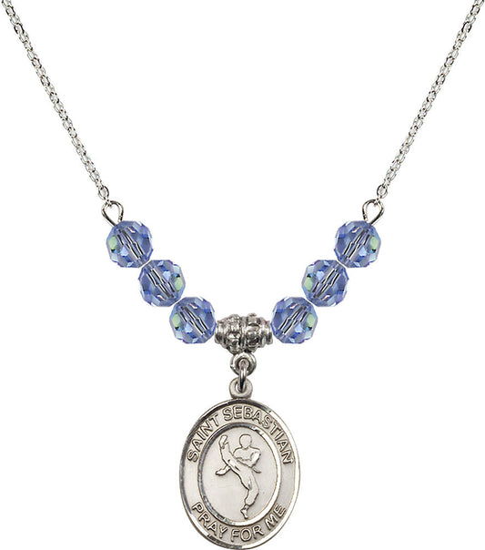 Sterling Silver Saint Sebastian/Martial Arts Birthstone Necklace with Light Sapphire Beads - 8168