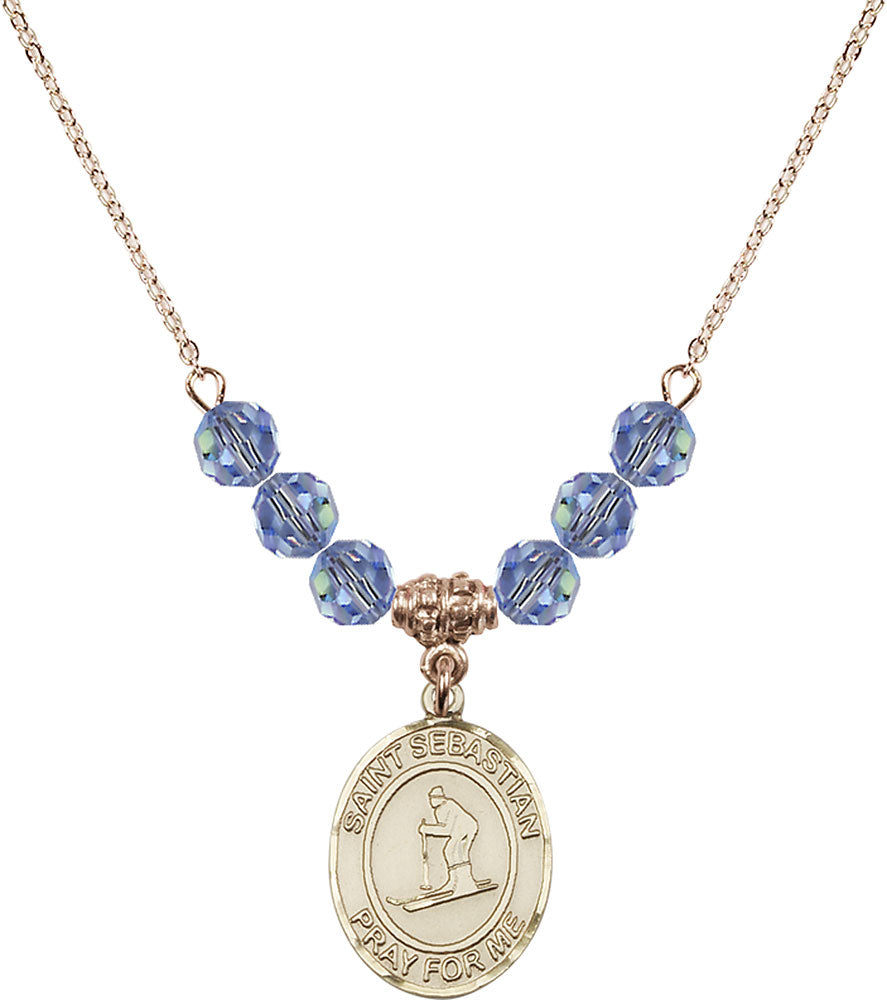 14kt Gold Filled Saint Sebastian/Skiing Birthstone Necklace with Light Sapphire Beads - 8169