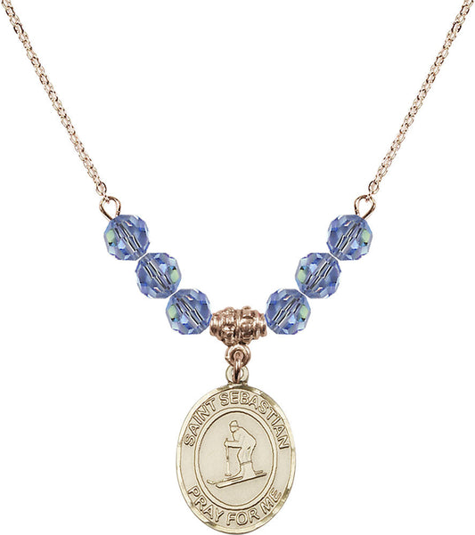 14kt Gold Filled Saint Sebastian/Skiing Birthstone Necklace with Light Sapphire Beads - 8169
