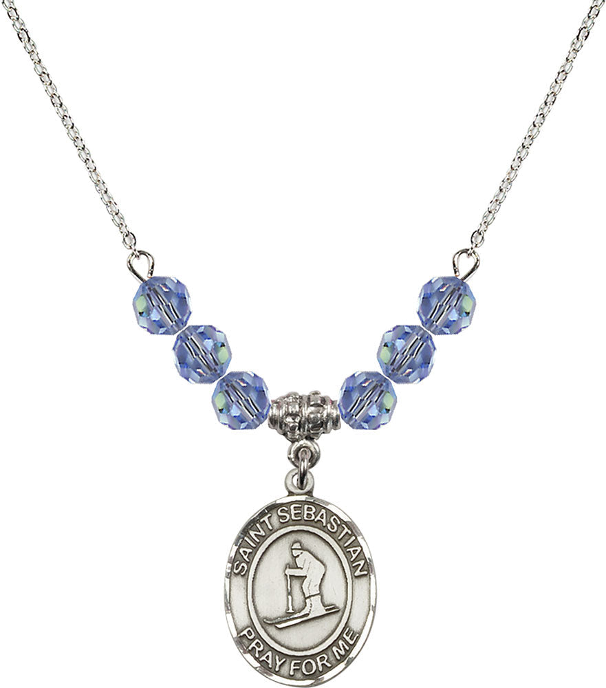 Sterling Silver Saint Sebastian/Skiing Birthstone Necklace with Light Sapphire Beads - 8169