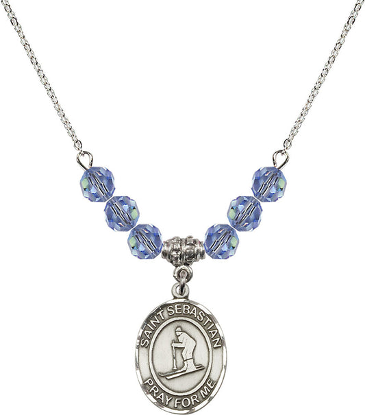 Sterling Silver Saint Sebastian/Skiing Birthstone Necklace with Light Sapphire Beads - 8169