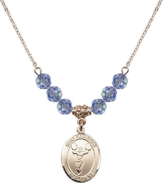 14kt Gold Filled Saint Sebastian/Cheerleading Birthstone Necklace with Light Sapphire Beads - 8170