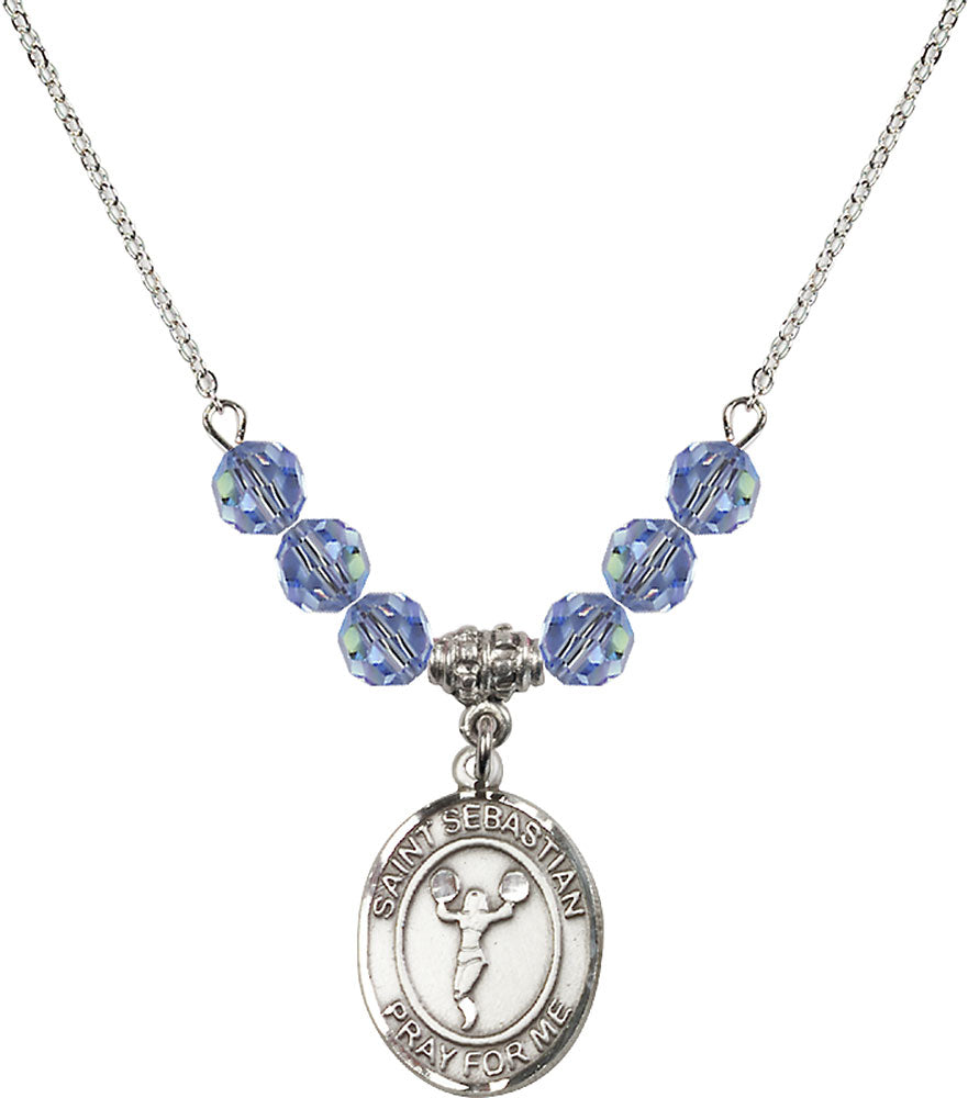 Sterling Silver Saint Sebastian/Cheerleading Birthstone Necklace with Light Sapphire Beads - 8170