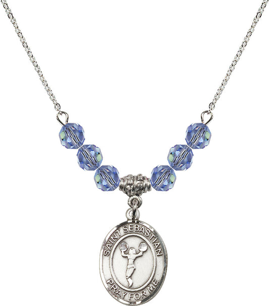 Sterling Silver Saint Sebastian/Cheerleading Birthstone Necklace with Light Sapphire Beads - 8170