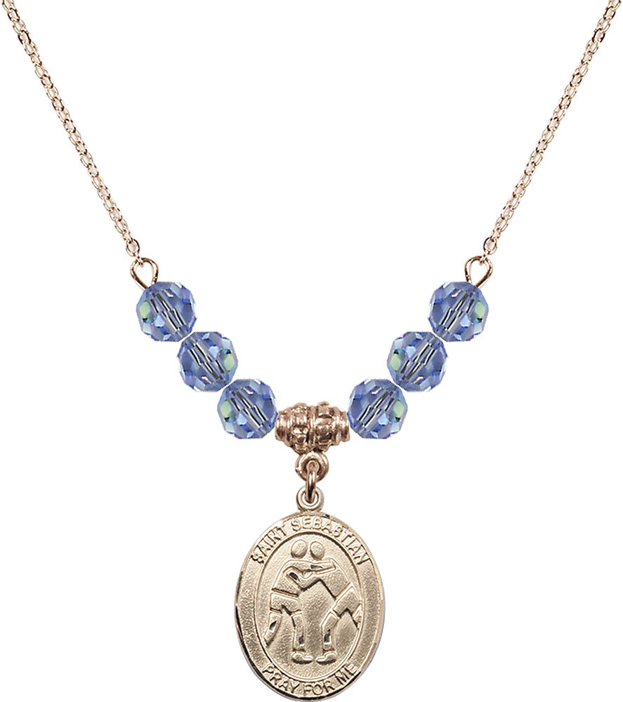 14kt Gold Filled Saint Sebastian/Wrestling Birthstone Necklace with Light Sapphire Beads - 8171