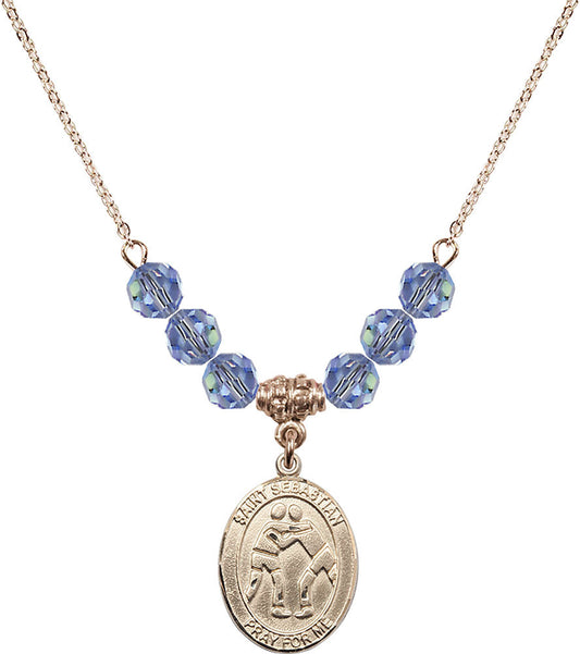 14kt Gold Filled Saint Sebastian/Wrestling Birthstone Necklace with Light Sapphire Beads - 8171
