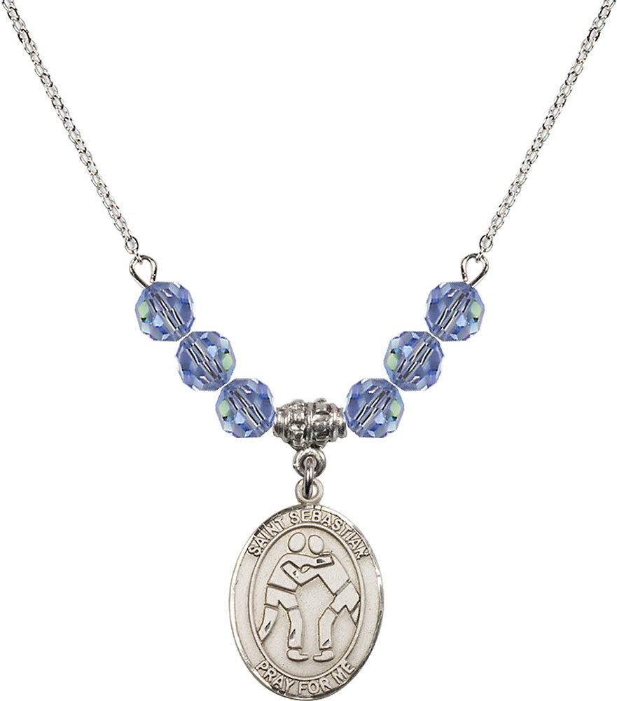 Sterling Silver Saint Sebastian/Wrestling Birthstone Necklace with Light Sapphire Beads - 8171