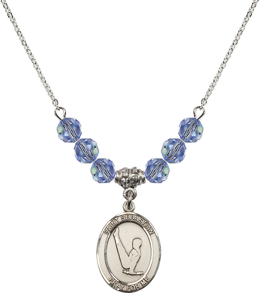 Sterling Silver Saint Sebastian/Gymnastics Birthstone Necklace with Light Sapphire Beads - 8172