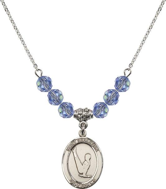 Sterling Silver Saint Sebastian/Gymnastics Birthstone Necklace with Light Sapphire Beads - 8172