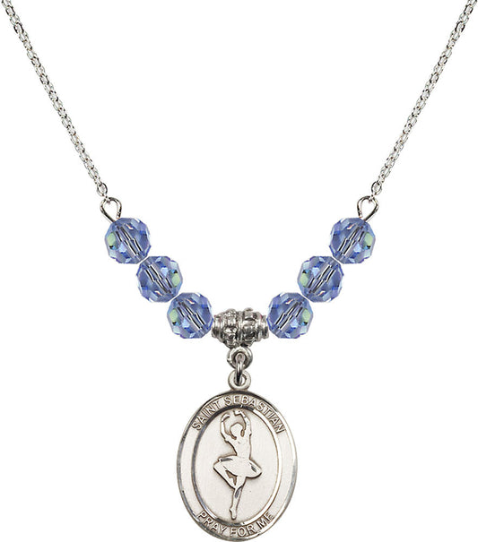 Sterling Silver Saint Sebastian/Dance Birthstone Necklace with Light Sapphire Beads - 8173