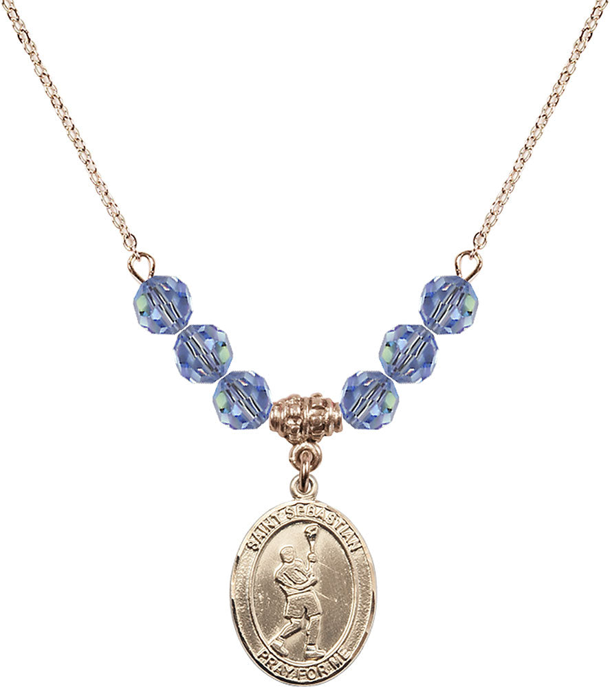 14kt Gold Filled Saint Sebastian/Lacrosse Birthstone Necklace with Light Sapphire Beads - 8174