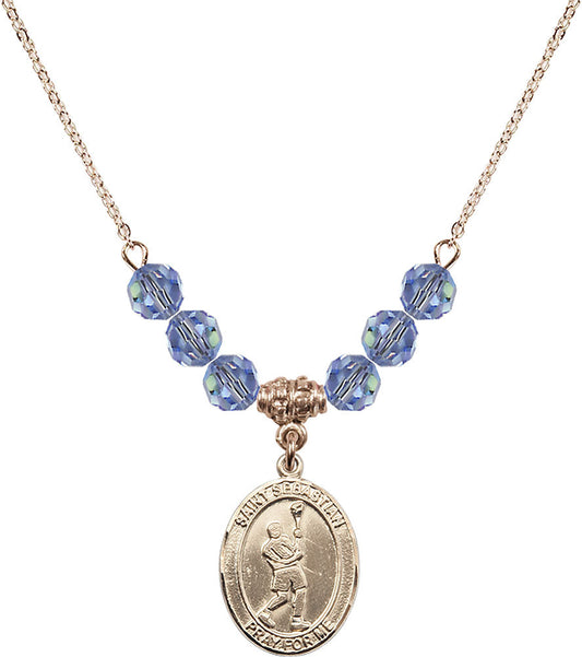 14kt Gold Filled Saint Sebastian/Lacrosse Birthstone Necklace with Light Sapphire Beads - 8174