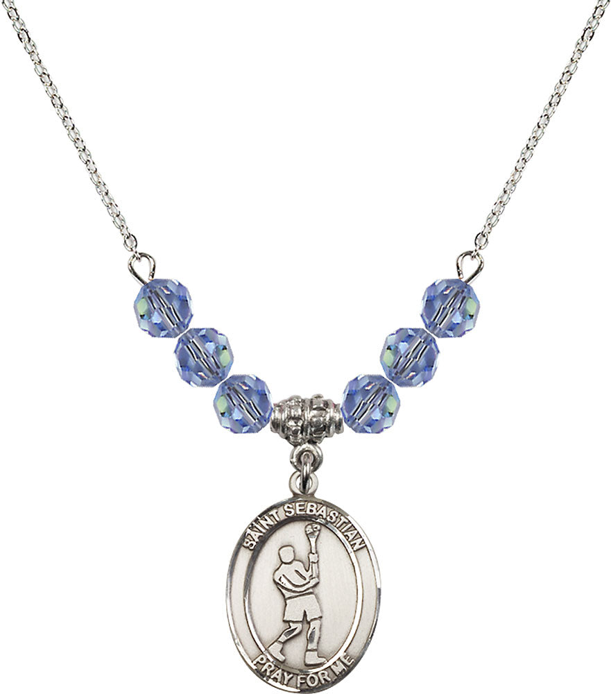 Sterling Silver Saint Sebastian/Lacrosse Birthstone Necklace with Light Sapphire Beads - 8174