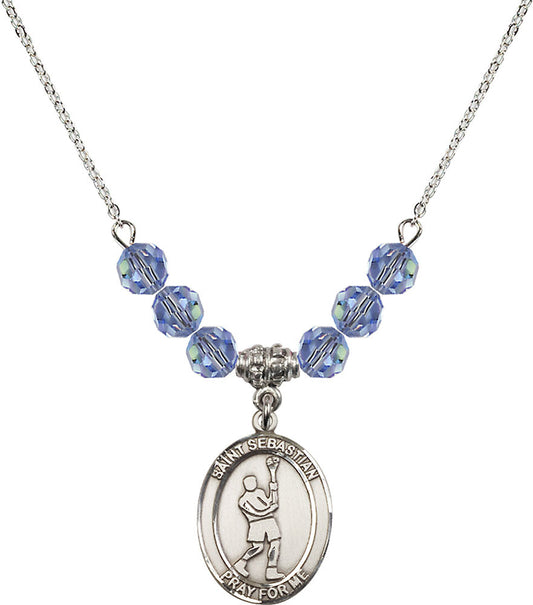 Sterling Silver Saint Sebastian/Lacrosse Birthstone Necklace with Light Sapphire Beads - 8174