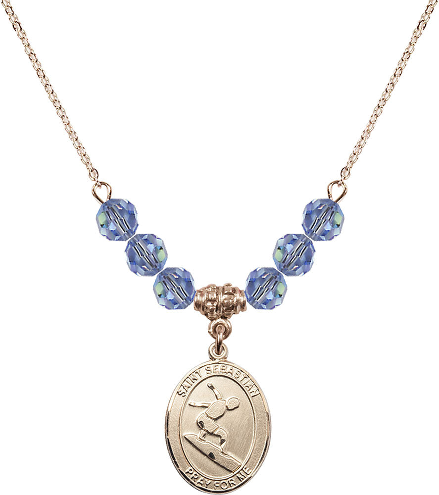 14kt Gold Filled Saint Sebastian/Surfing Birthstone Necklace with Light Sapphire Beads - 8175