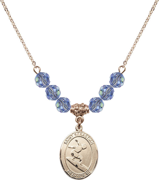 14kt Gold Filled Saint Sebastian/Surfing Birthstone Necklace with Light Sapphire Beads - 8175