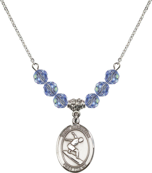 Sterling Silver Saint Sebastian/Surfing Birthstone Necklace with Light Sapphire Beads - 8175