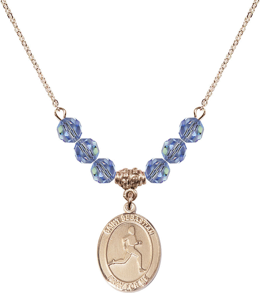 14kt Gold Filled Saint Sebastian/Track & Field Birthstone Necklace with Light Sapphire Beads - 8176