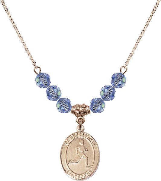 14kt Gold Filled Saint Sebastian/Track & Field Birthstone Necklace with Light Sapphire Beads - 8176
