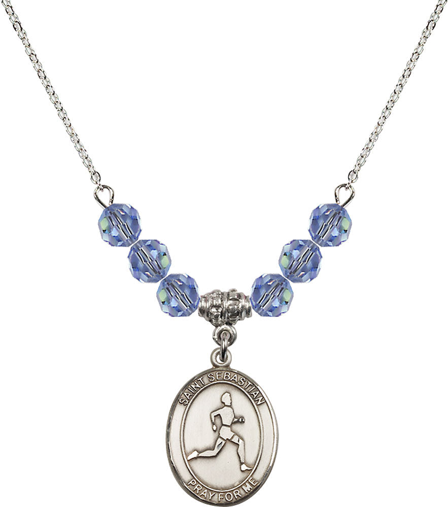 Sterling Silver Saint Sebastian/Track & Field Birthstone Necklace with Light Sapphire Beads - 8176