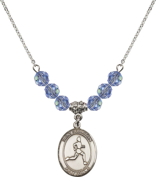 Sterling Silver Saint Sebastian/Track & Field Birthstone Necklace with Light Sapphire Beads - 8176
