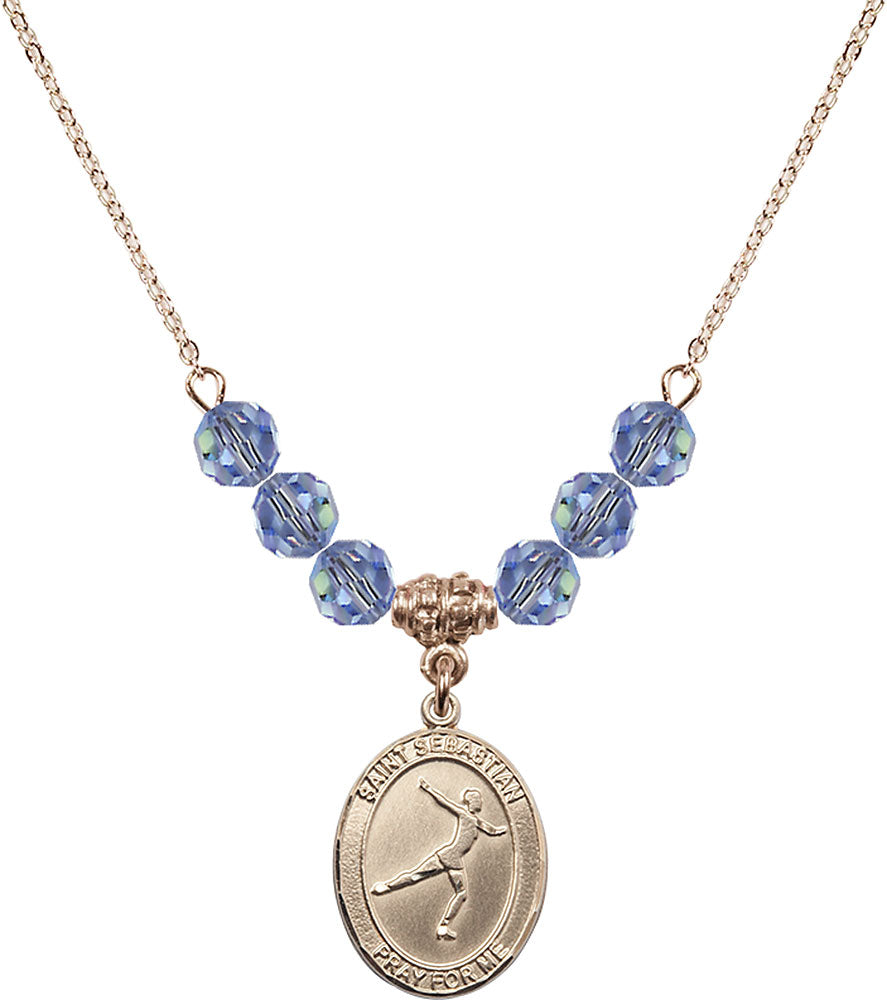 14kt Gold Filled Saint Sebastian/Figure Skating Birthstone Necklace with Light Sapphire Beads - 8177